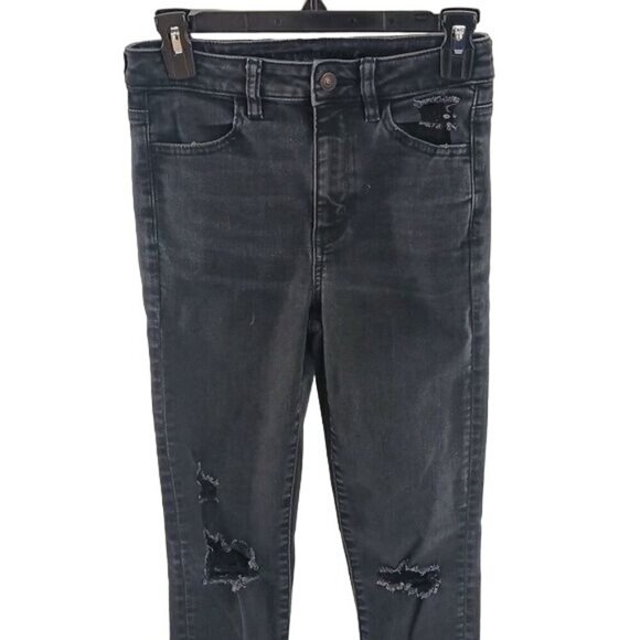American Eagle Jeans Womens Size 4 Black Distressed High Rise Jegging Stretch - Picture 3 of 7